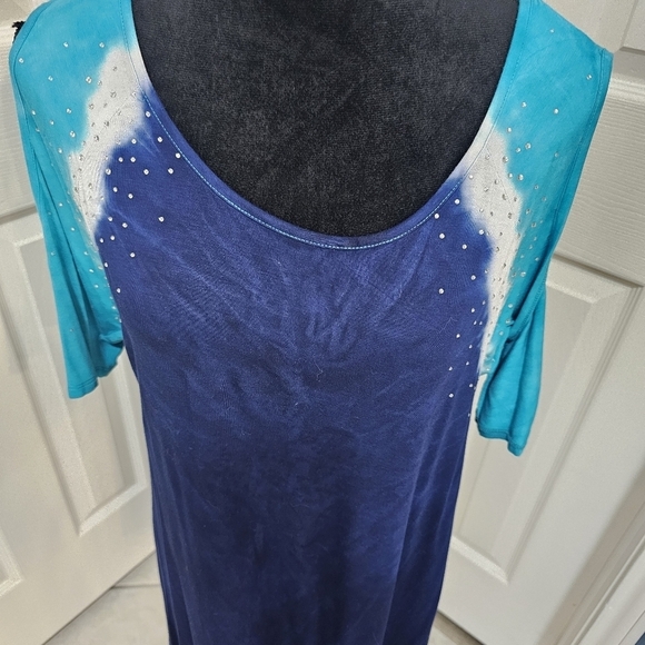 Belldini Open Sleeved Aqua, Navy Blue & White short sleeved shirt w Bling Large - Picture 4 of 9